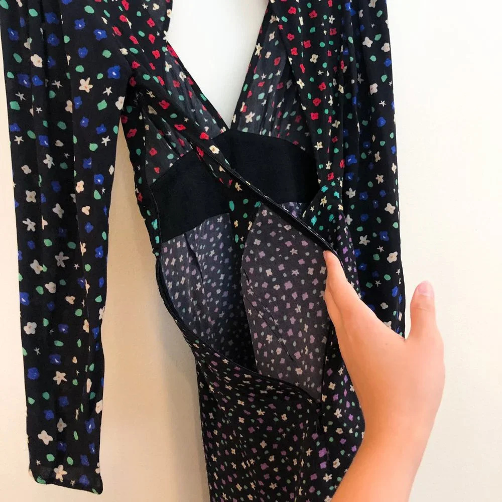 RIXO Cordelia Black Floral Long Sleeve Cut Out Back Designer Mini Dress ALTERED - Picture 10 of 11